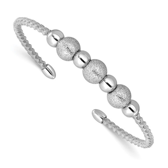 Sterling Silver Radiant Essence RH-pltd Twisted & Beaded Cuff Bangle Bracelet